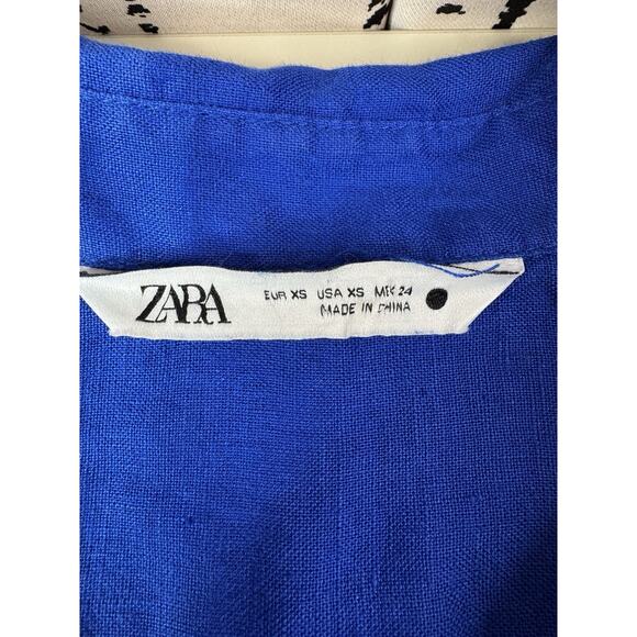 ZARA 100% Linen Oversized Button Down Shirt Women’s XS Royal Cobalt Blue Beachy - Picture 6 of 15